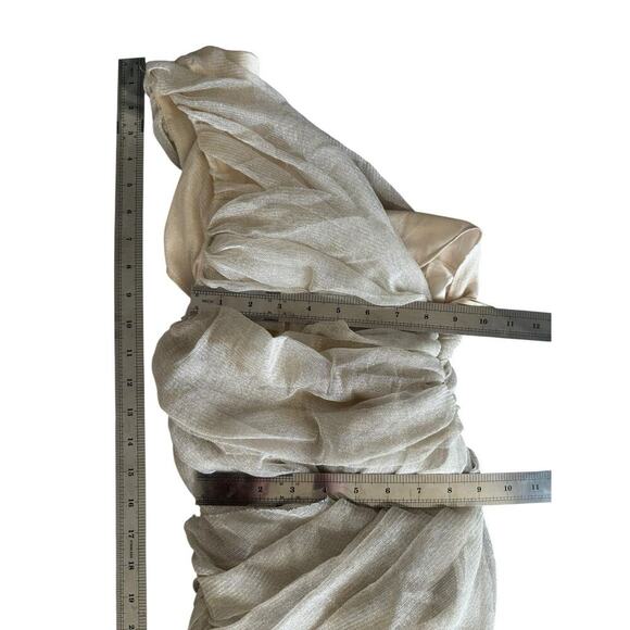 NWT Mestiza One Shoulder Mini Dress Metallic Iridescent Draped Ruched Champagne - Picture 8 of 12